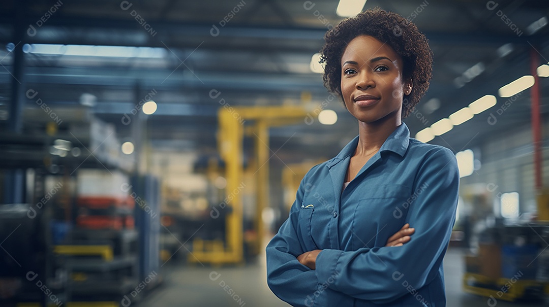 Trabalhadora de fabricação de mulher branca em uma instalação com os braços cruzados