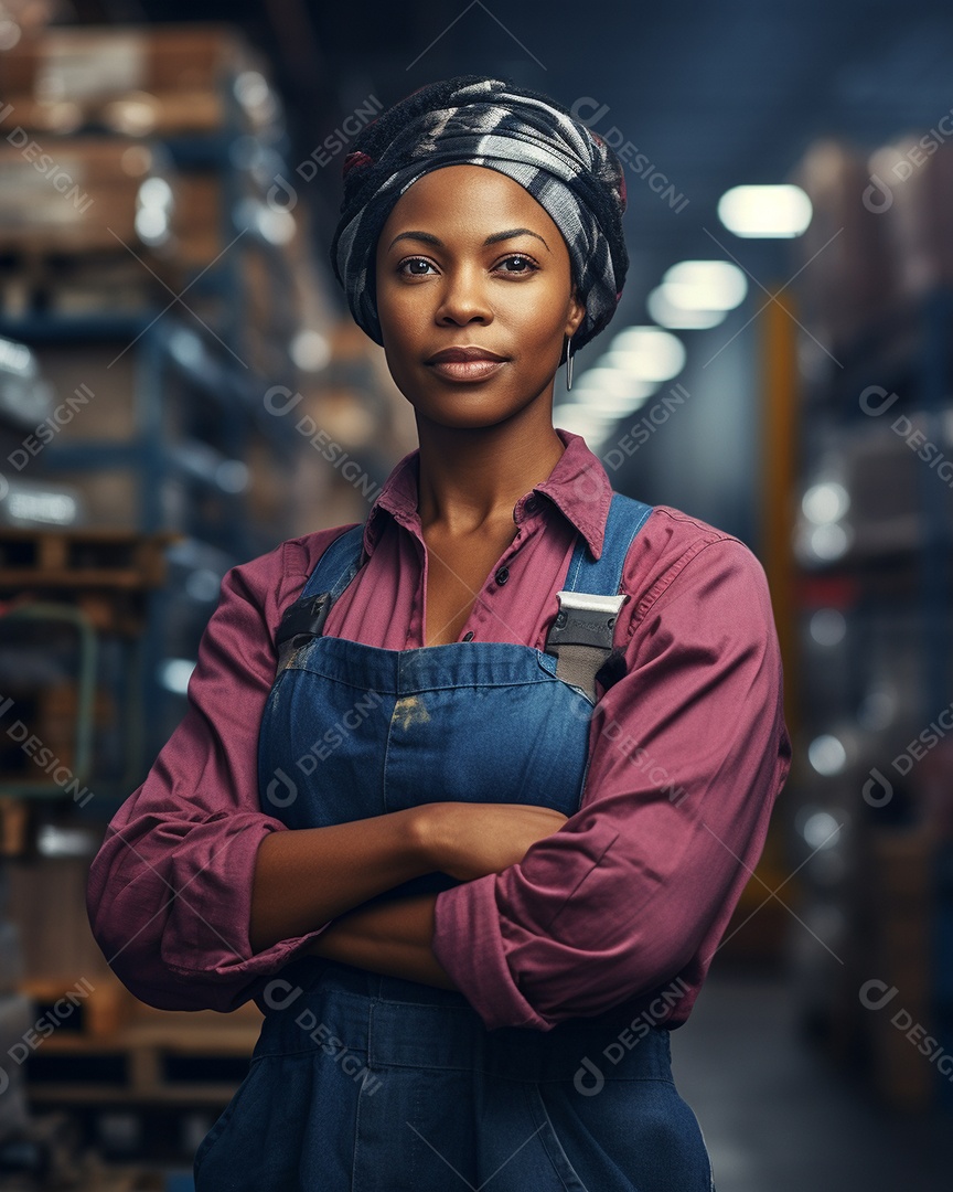 Trabalhadora de fabricação de mulher branca em uma instalação com os braços cruzados