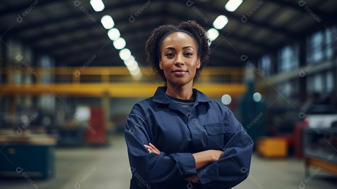 Trabalhadora de fabricação de mulher branca em uma instalação com os braços cruzados