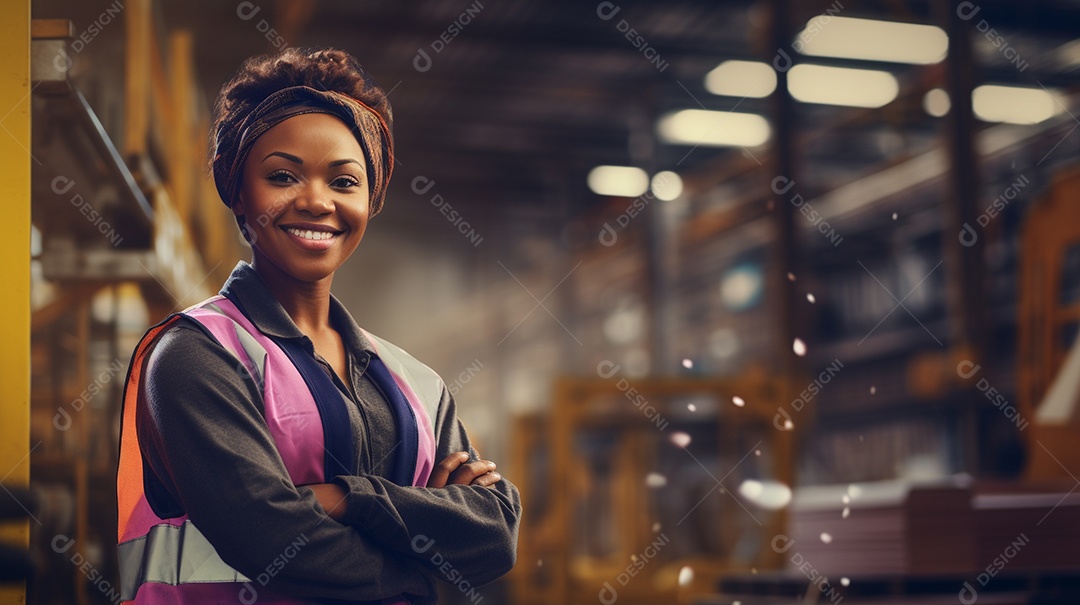 Trabalhadora de fabricação de mulher branca em uma instalação com os braços cruzados