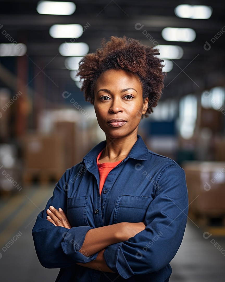 Trabalhadora de fabricação de mulher branca em uma instalação com os braços cruzados