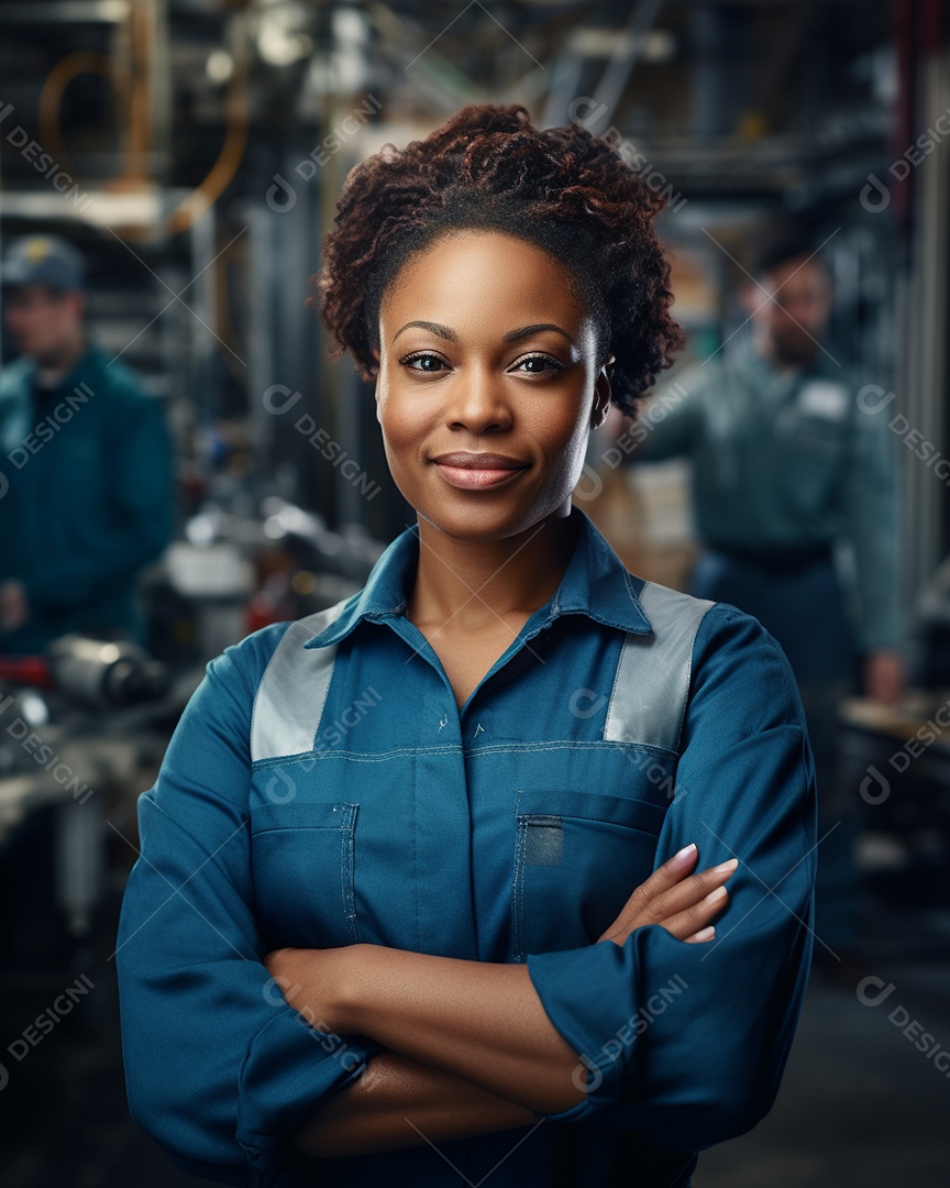 Trabalhadora de fabricação de mulher branca em uma instalação com os braços cruzados