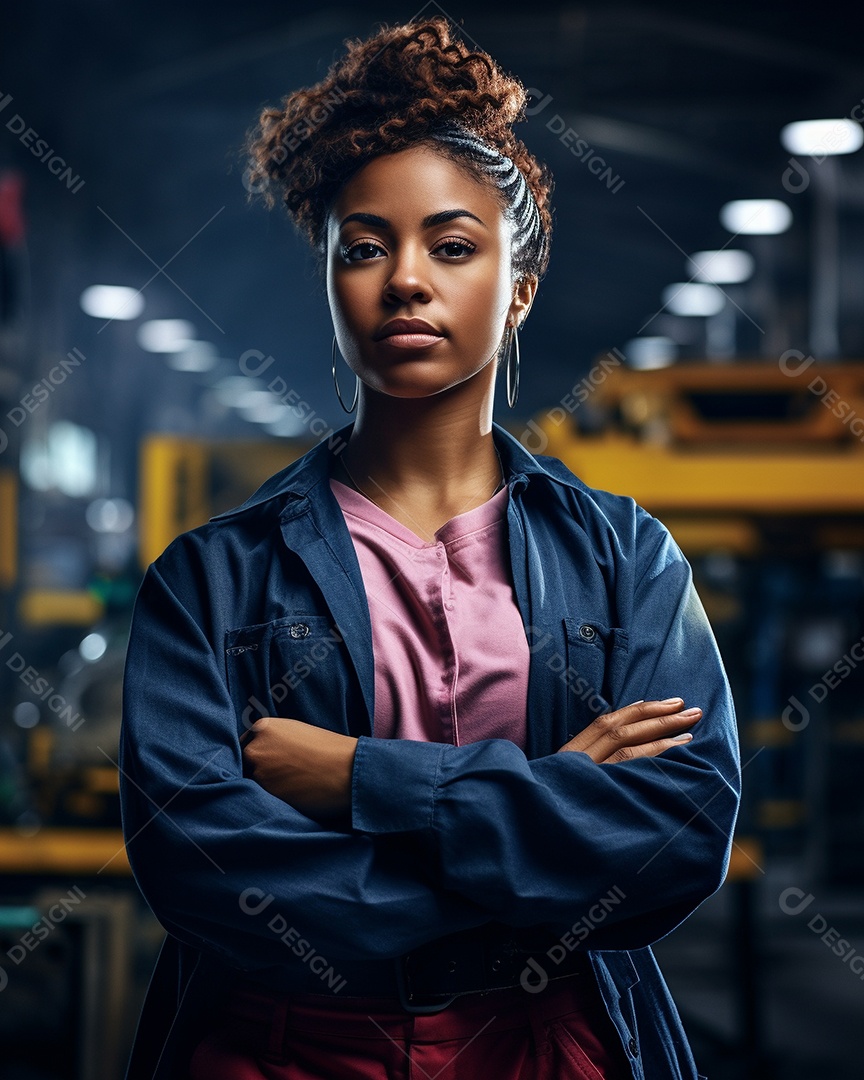 Trabalhadora de fabricação de mulher branca em uma instalação com os braços cruzados
