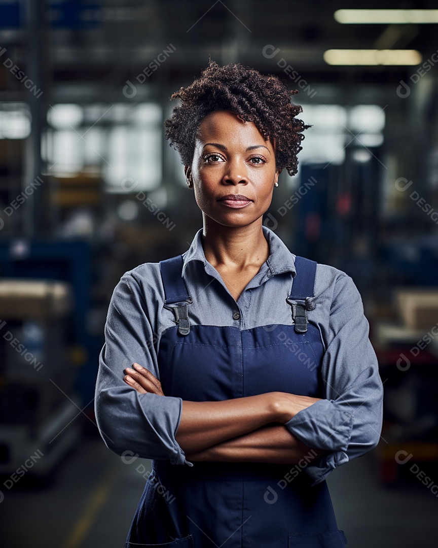 Trabalhadora de fabricação de mulher branca em uma instalação com os braços cruzados