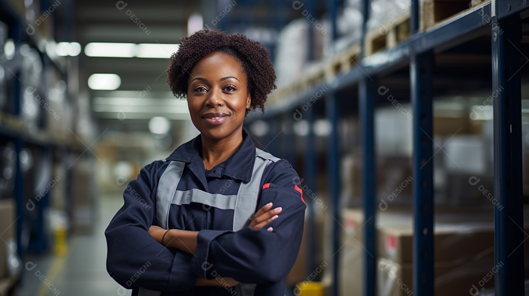 Trabalhadora de fabricação de mulher branca em uma instalação com os braços cruzados