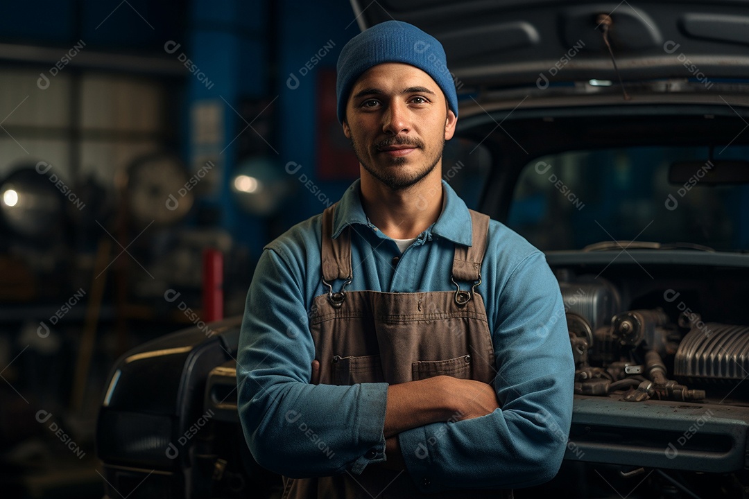 Um mecânico com os nós dos dedos nas mãos