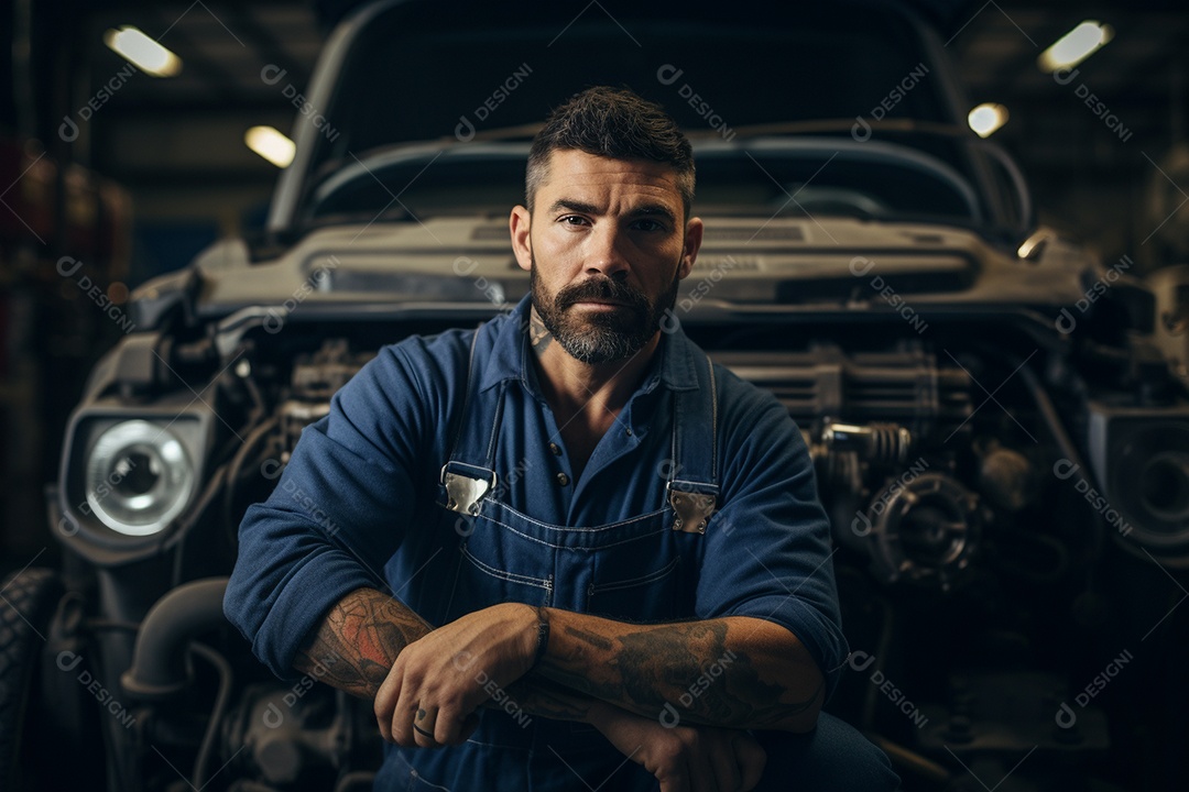 Um mecânico com os nós dos dedos nas mãos