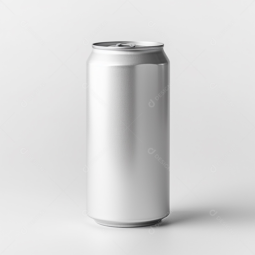Lata de bebida prateada em um fundo branco