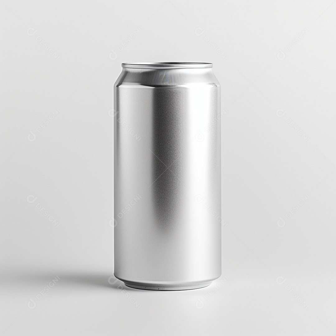 Lata de bebida prateada em um fundo branco