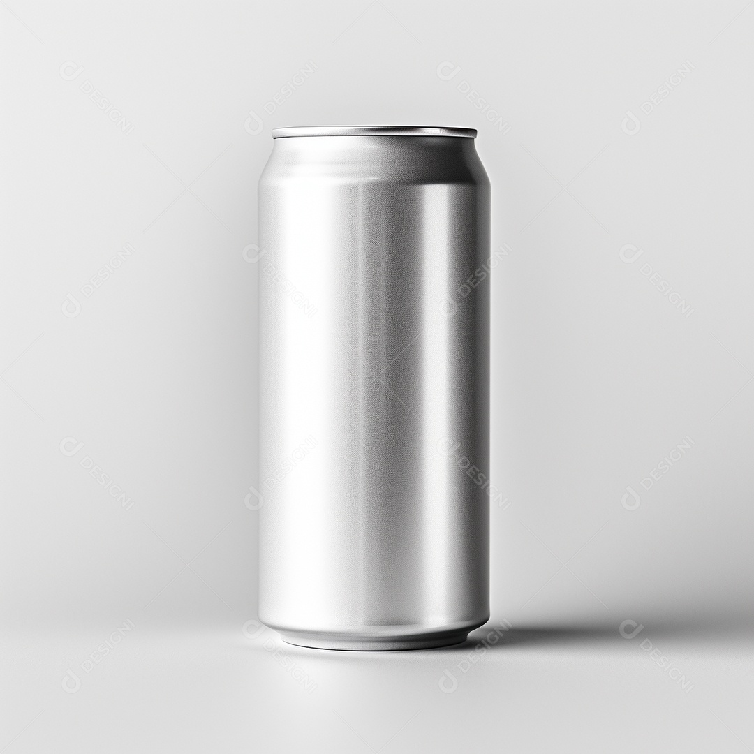 Lata de bebida prateada em um fundo branco