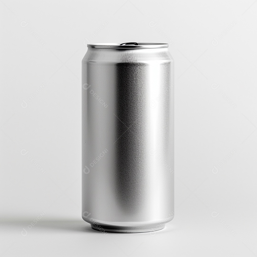 Lata de bebida prateada em um fundo branco