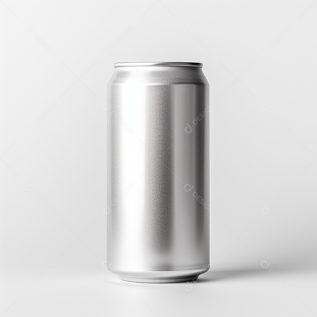 Lata de bebida prateada em um fundo branco