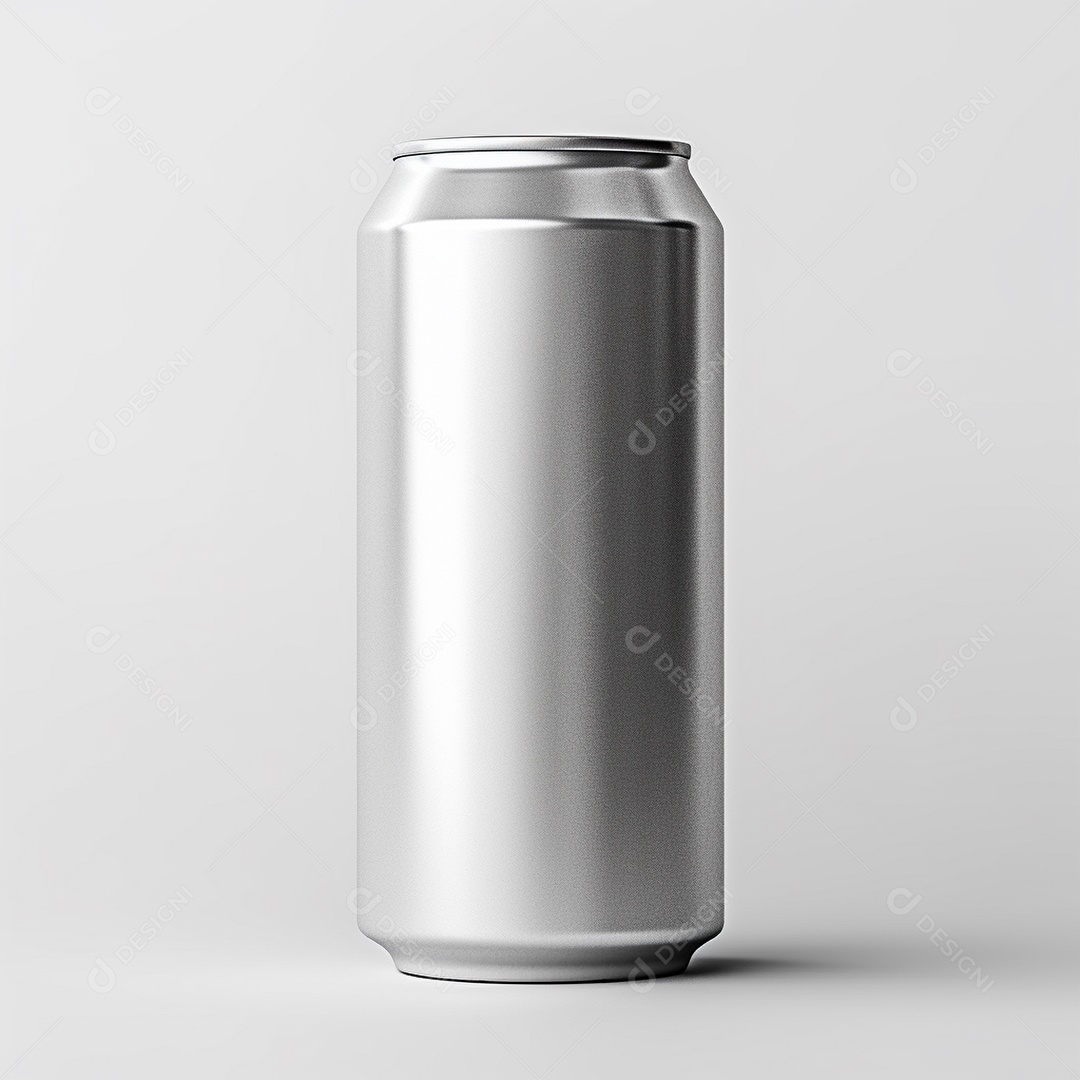 Lata de bebida prateada em um fundo branco