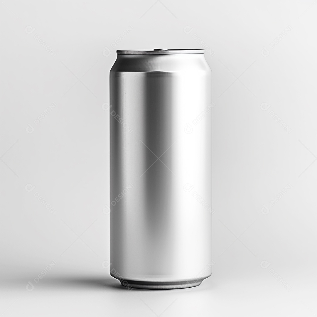 Lata de bebida prateada em um fundo branco