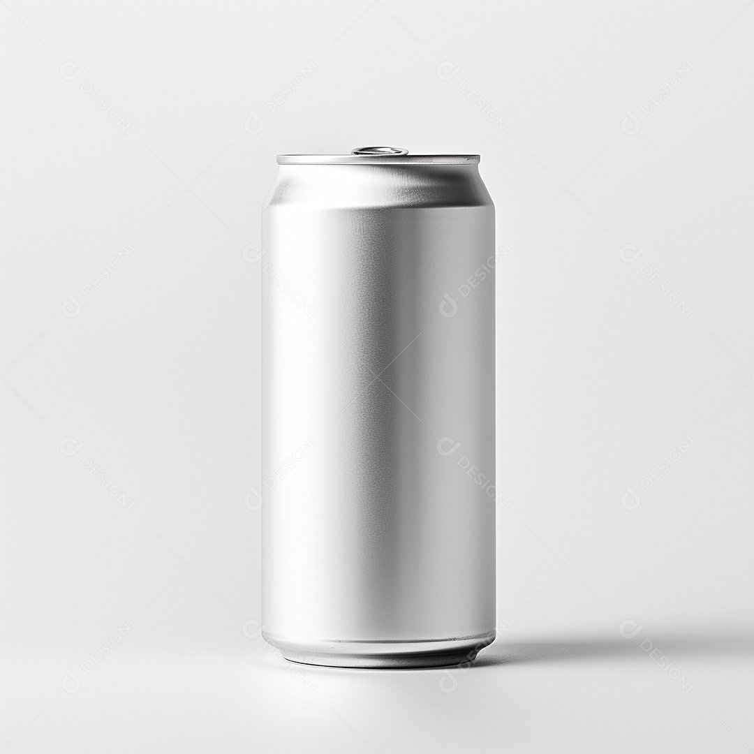 Lata de bebida prateada em um fundo branco