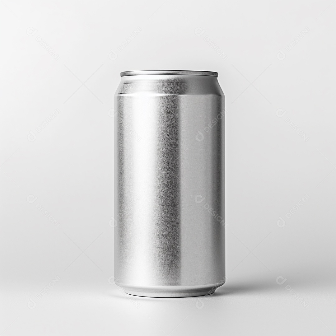 Lata de bebida prateada em um fundo branco
