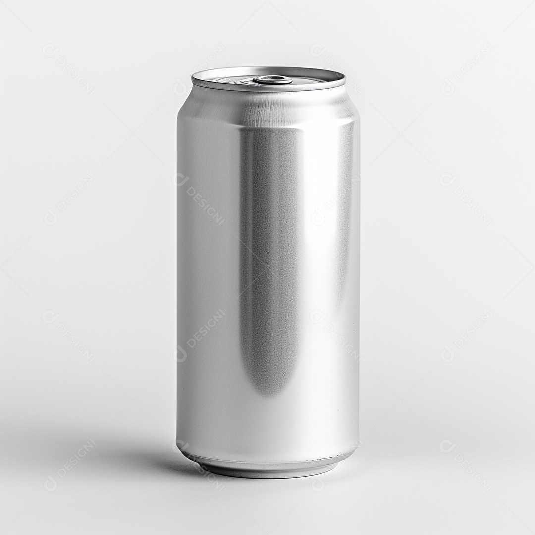 Lata de bebida prateada em um fundo branco