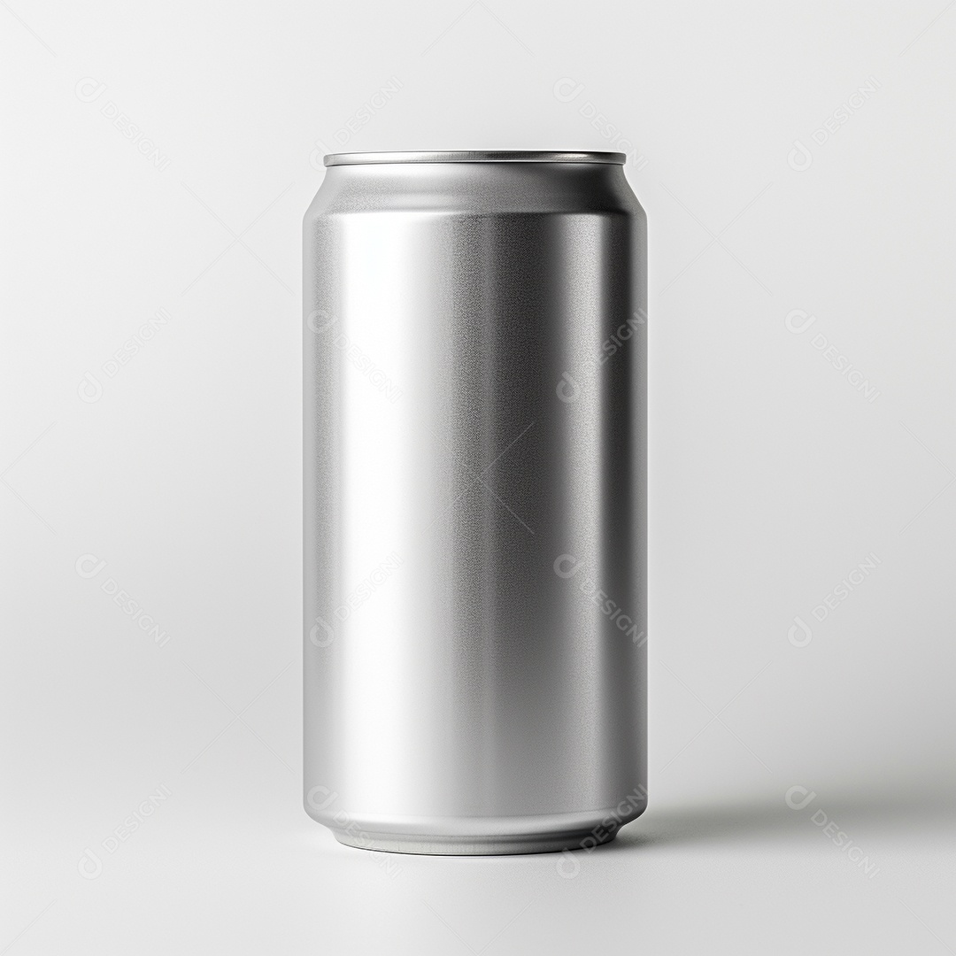 Lata de bebida prateada em um fundo branco