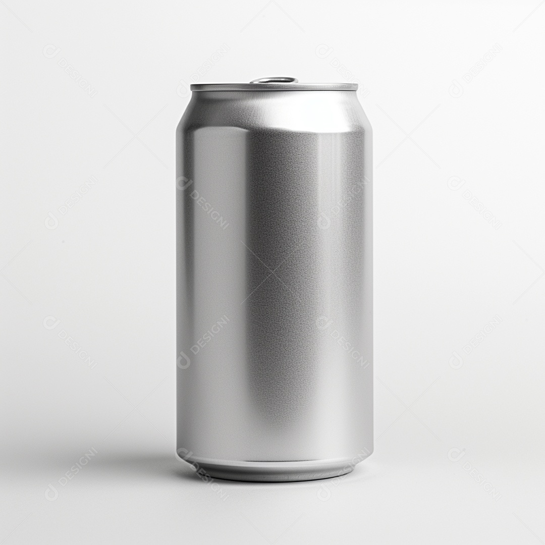 Lata de bebida prateada em um fundo branco