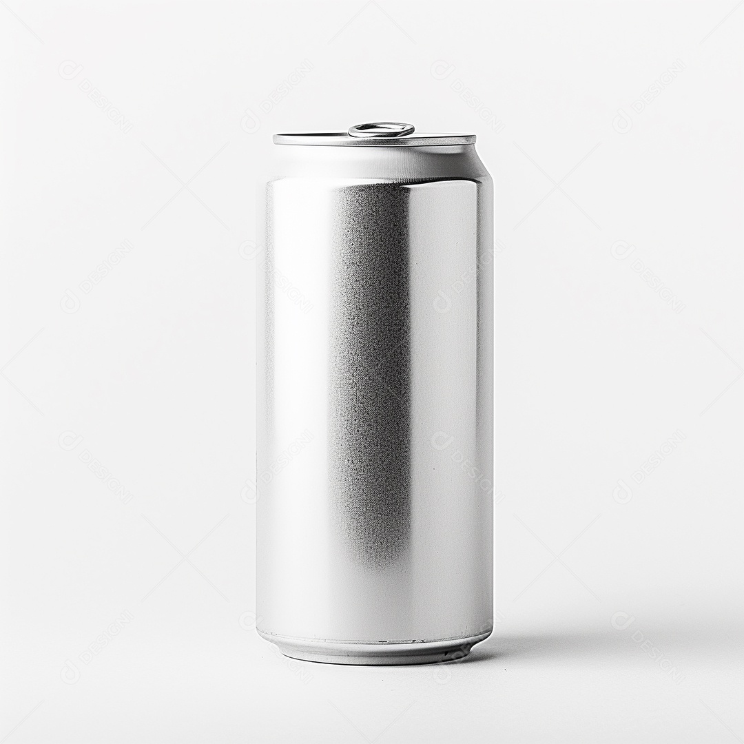 Lata de bebida prateada em um fundo branco