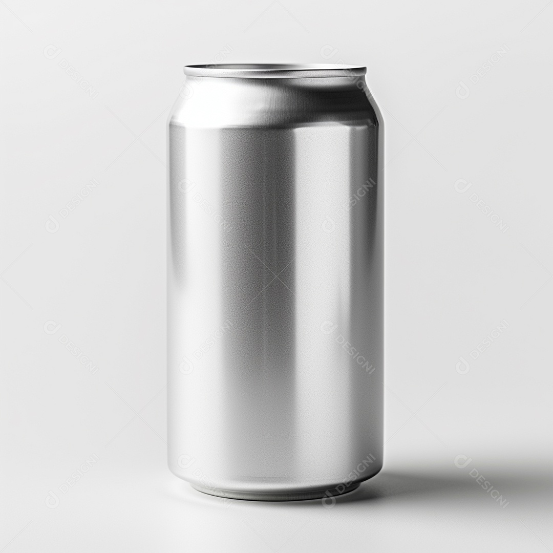 Lata de bebida prateada em um fundo branco