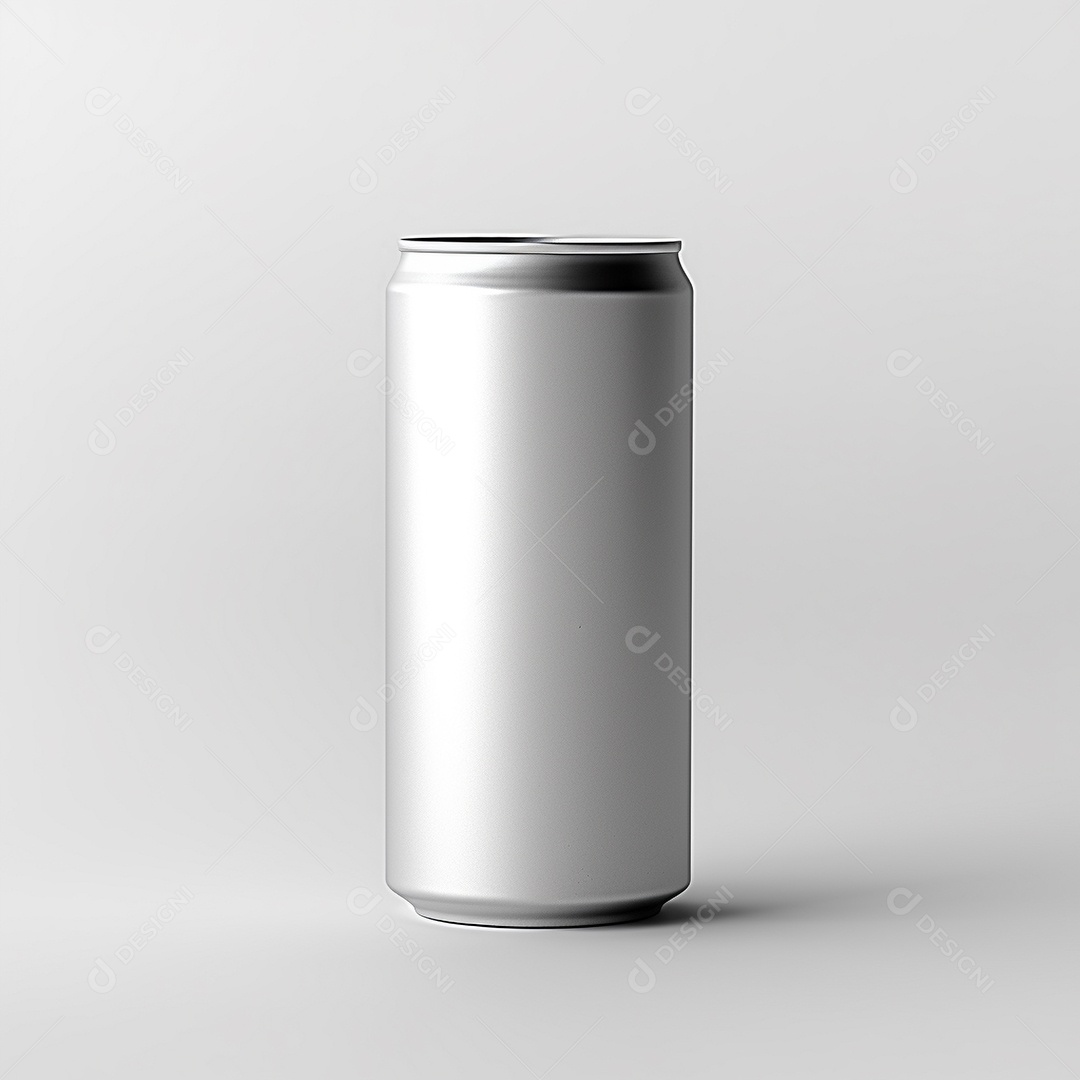 Lata de bebida prateada em um fundo branco