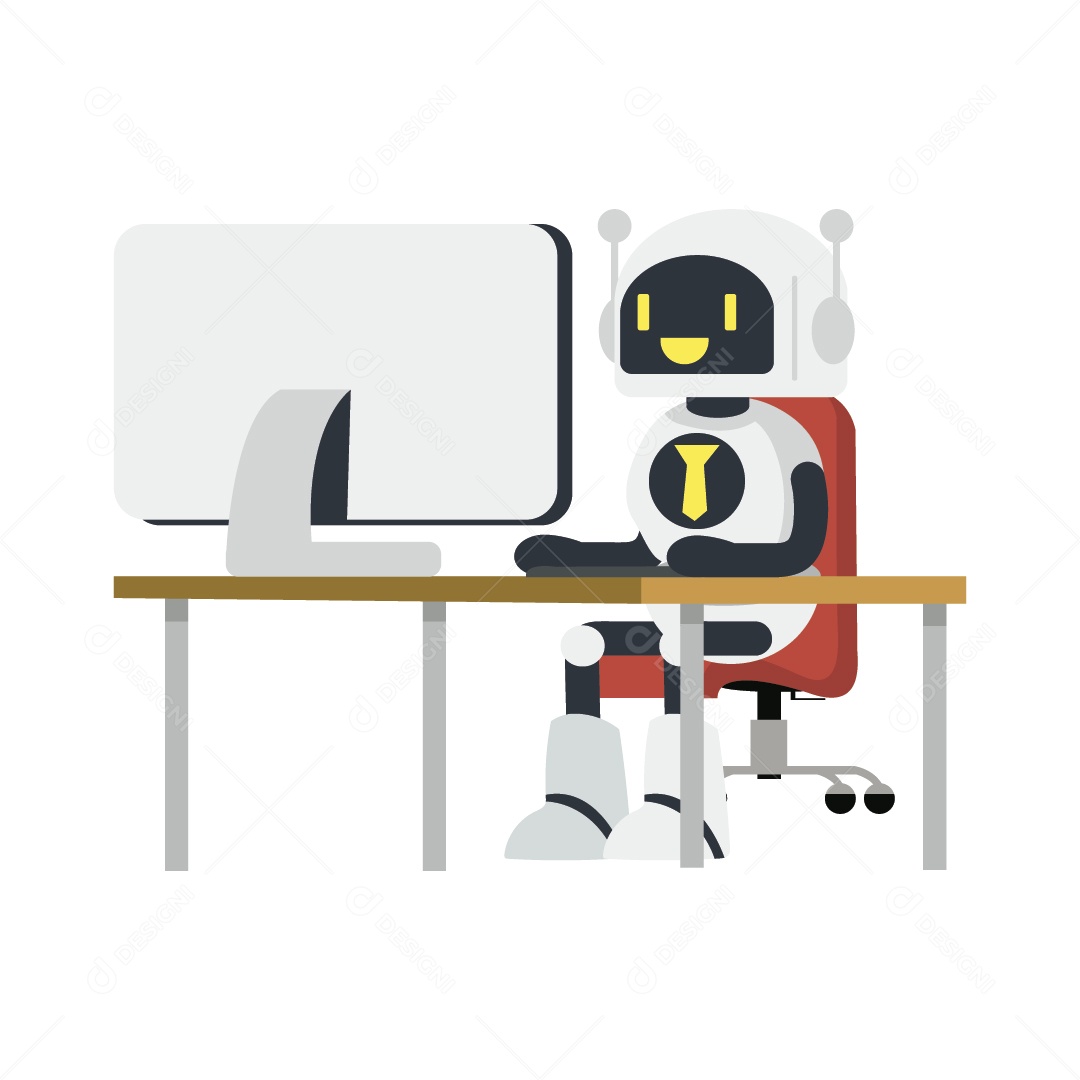 Robô Mexendo no Notebook Ilustração Vetor EPS