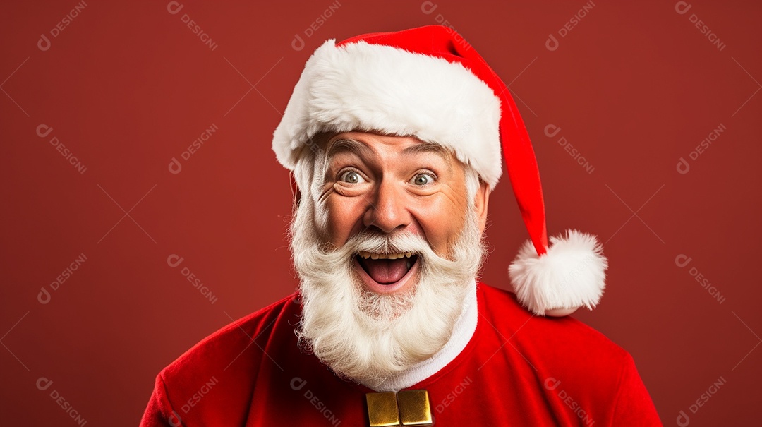 Foto editorial Papai Noel realmente sorridente, fazendo um olhar chocado sobre fundo bronzeado
