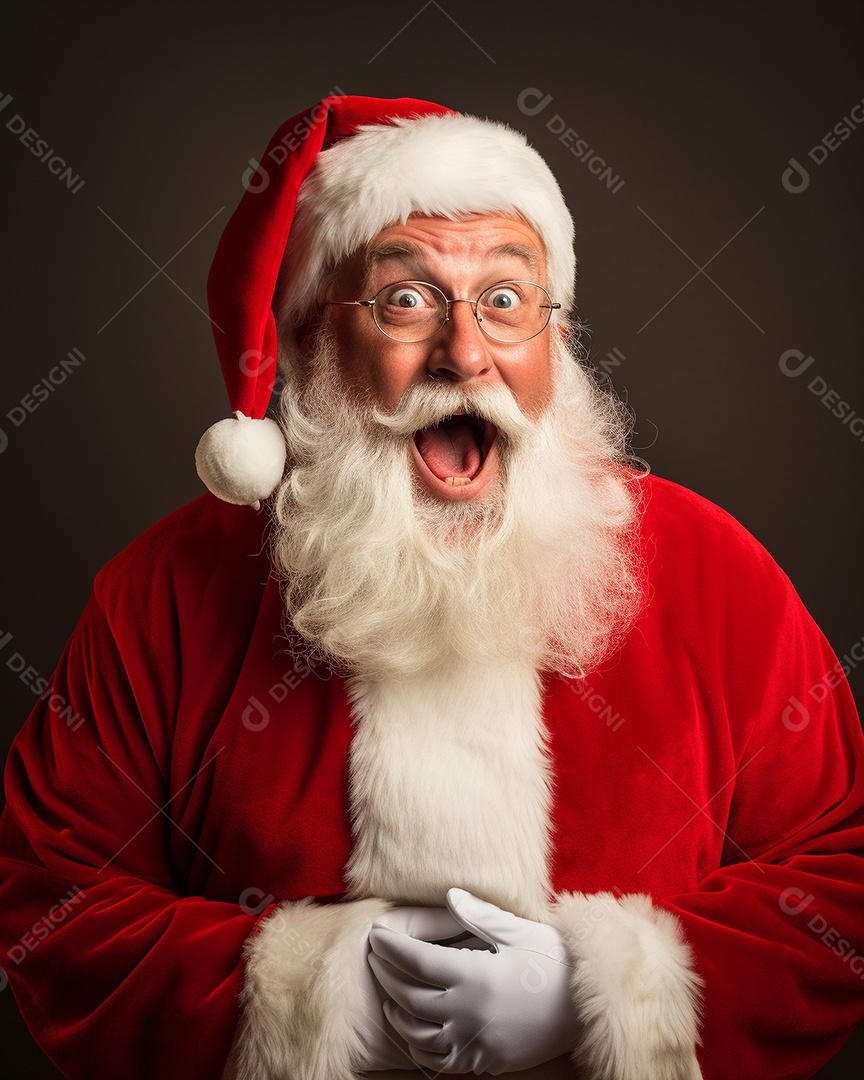 Foto editorial Papai Noel realmente sorridente, fazendo um olhar chocado sobre fundo bronzeado