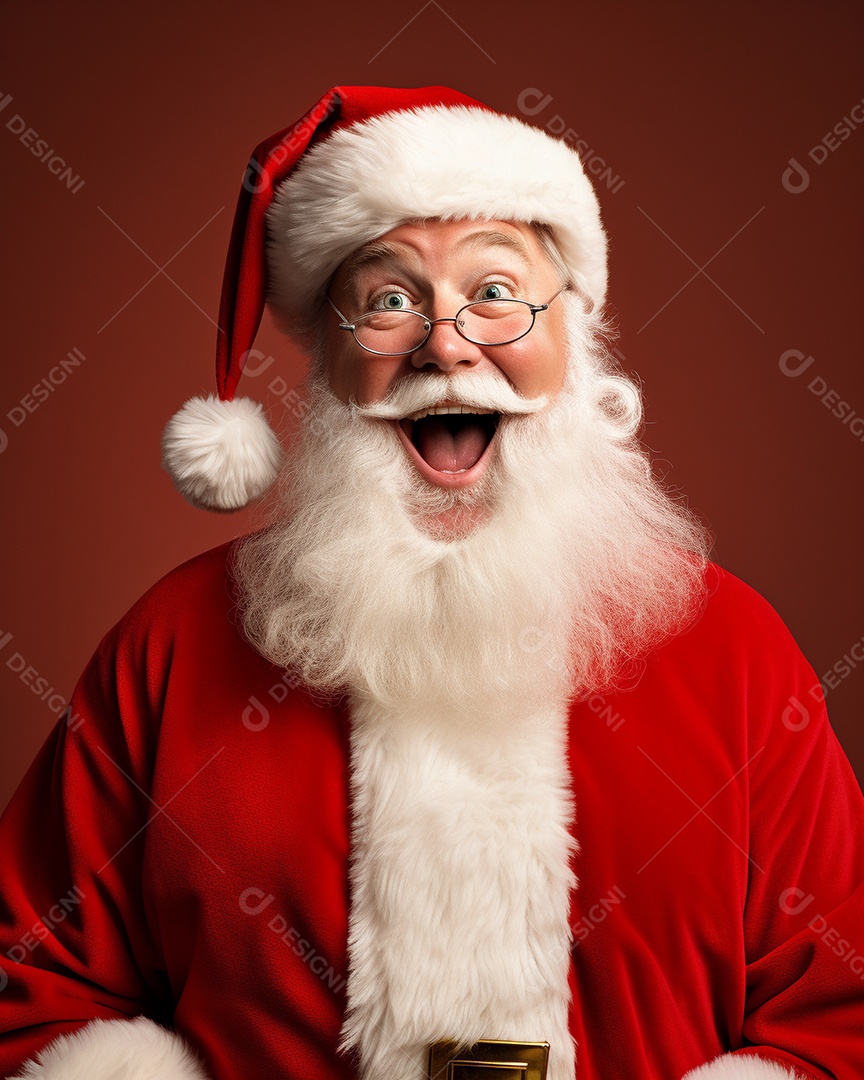 Foto editorial Papai Noel realmente sorridente, fazendo um olhar chocado sobre fundo bronzeado