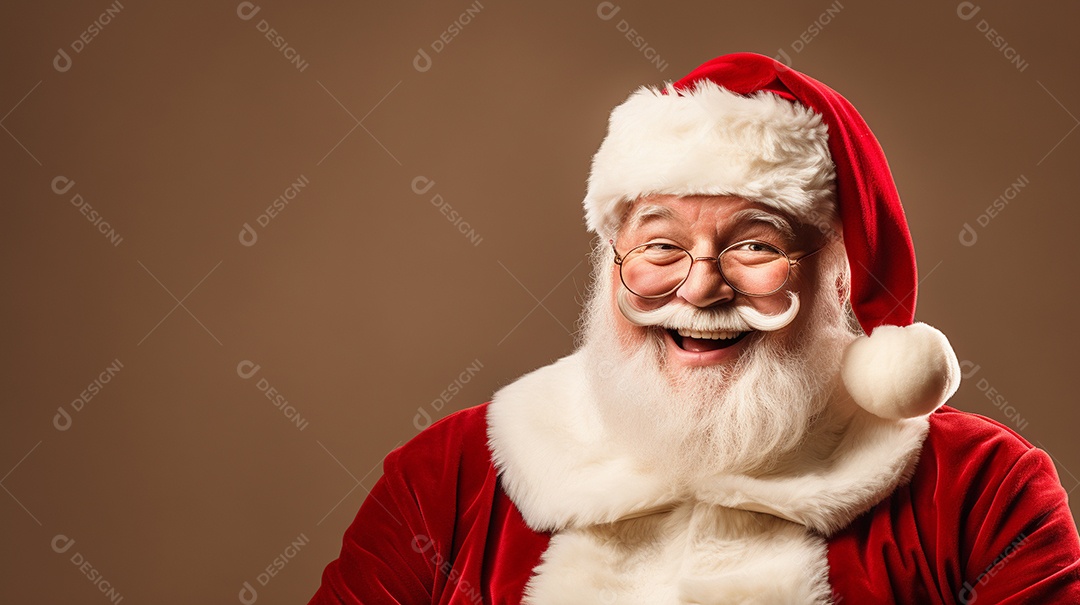 Foto editorial Papai Noel realmente sorridente, fazendo um olhar chocado sobre fundo bronzeado