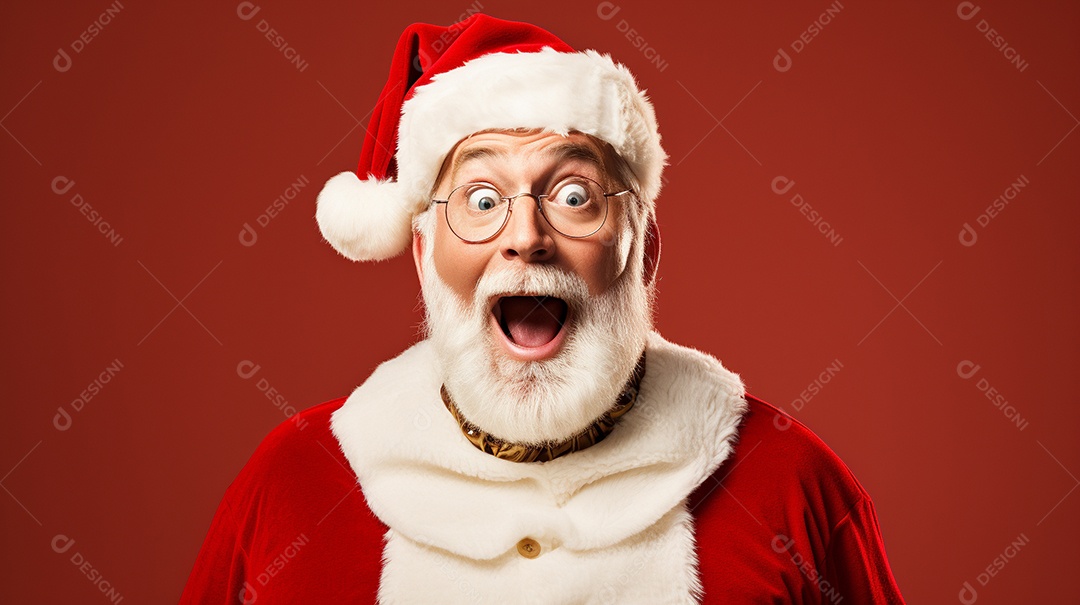 Foto editorial Papai Noel realmente sorridente, fazendo um olhar chocado sobre fundo bronzeado