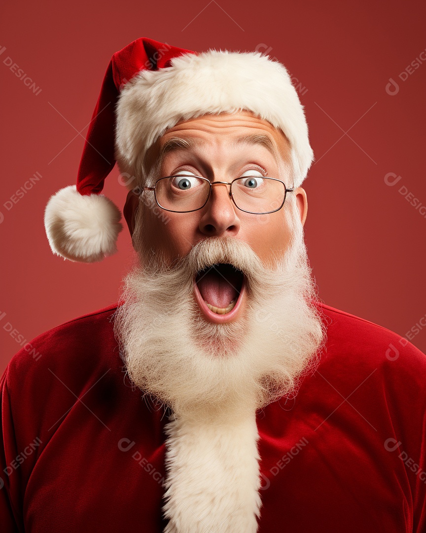 Foto editorial Papai Noel realmente sorridente, fazendo um olhar chocado sobre fundo bronzeado