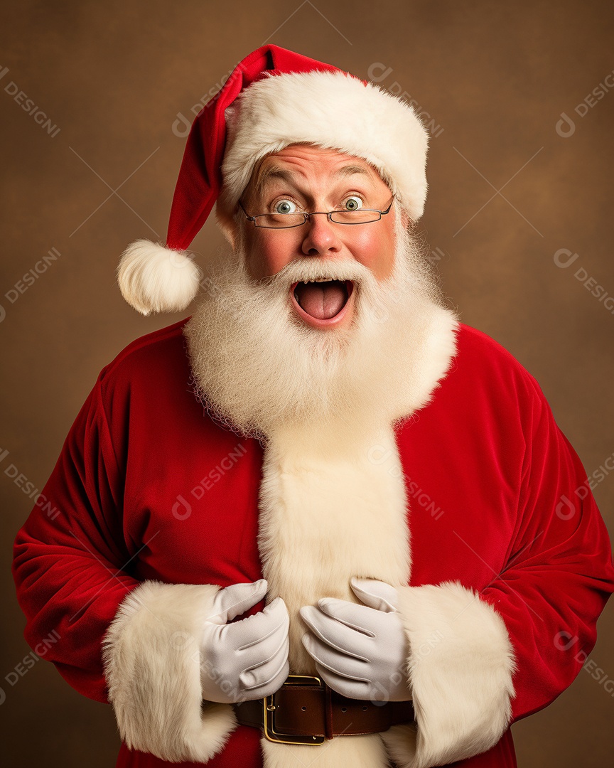 Foto editorial Papai Noel realmente sorridente, fazendo um olhar chocado sobre fundo bronzeado