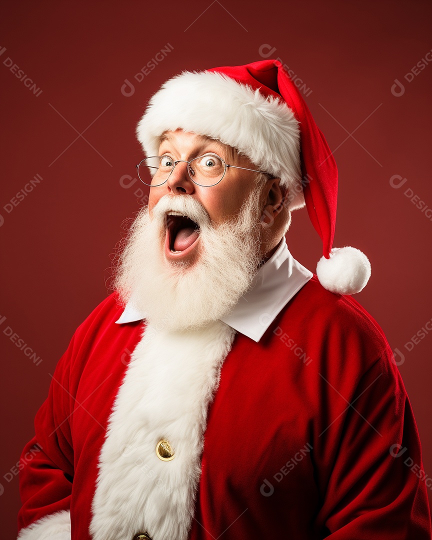 Foto editorial Papai Noel realmente sorridente, fazendo um olhar chocado sobre fundo bronzeado