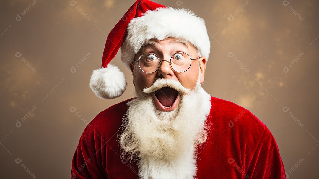 Foto editorial Papai Noel realmente sorridente, fazendo um olhar chocado sobre fundo bronzeado