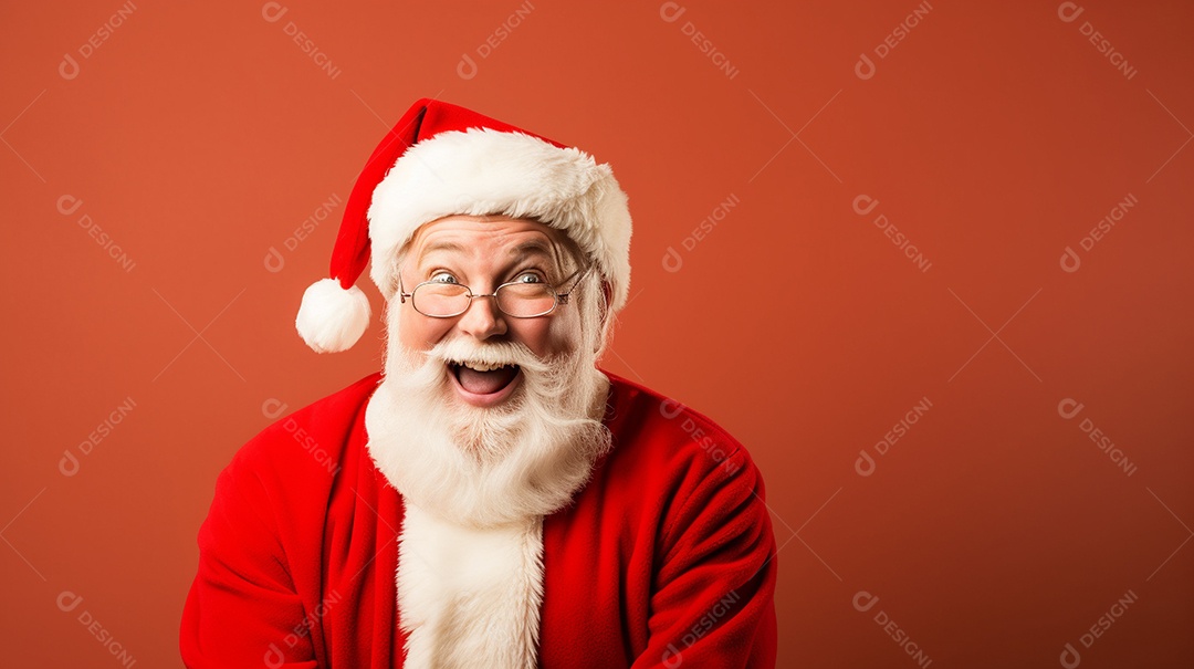 Foto editorial Papai Noel realmente sorridente, fazendo um olhar chocado sobre fundo bronzeado