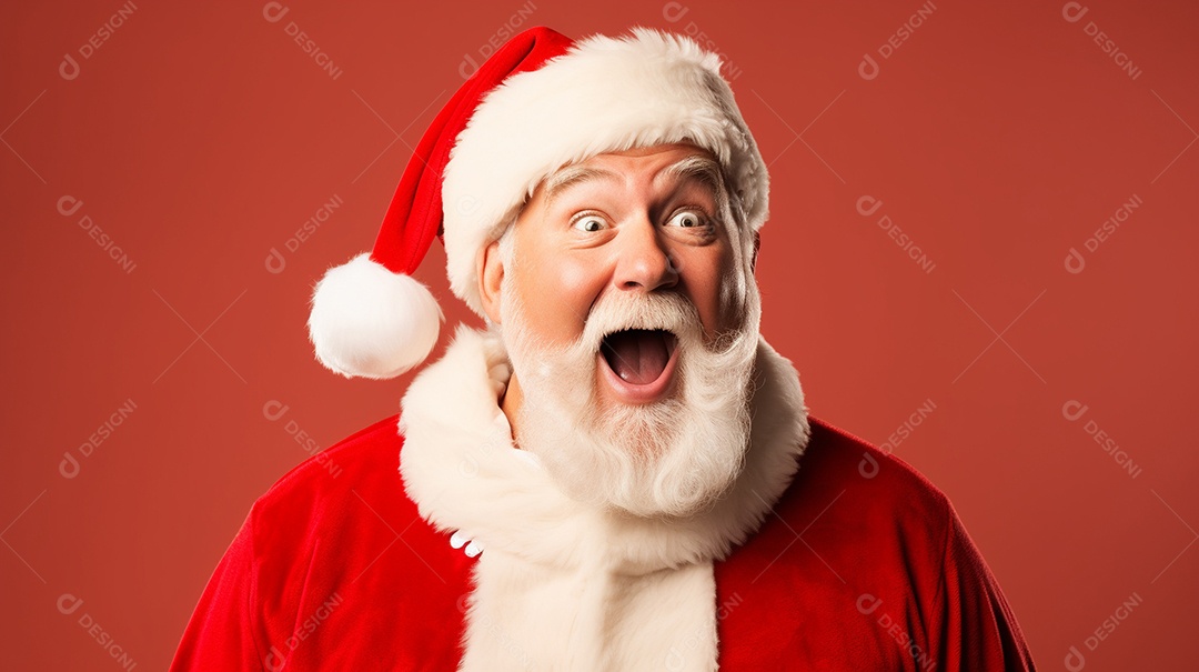 Foto editorial Papai Noel realmente sorridente, fazendo um olhar chocado sobre fundo bronzeado