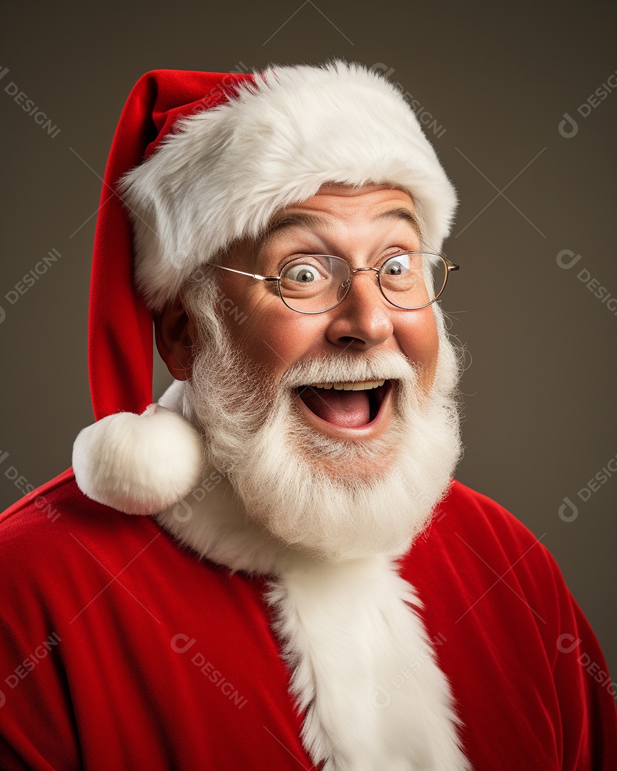 Foto editorial Papai Noel realmente sorridente, fazendo um olhar chocado sobre fundo bronzeado