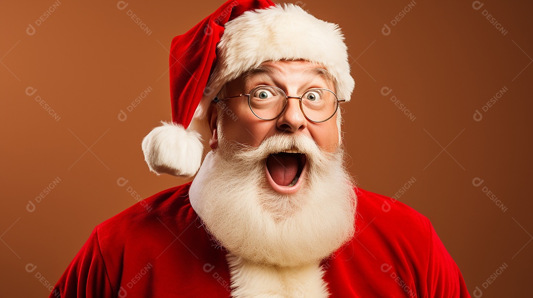 Foto editorial Papai Noel realmente sorridente, fazendo um olhar chocado sobre fundo bronzeado