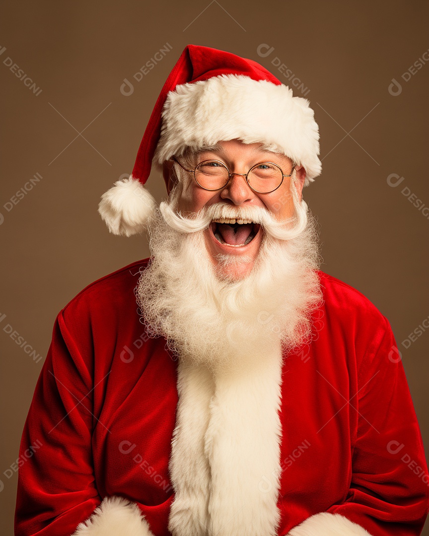 Foto editorial Papai Noel realmente sorridente, fazendo um olhar chocado sobre fundo bronzeado