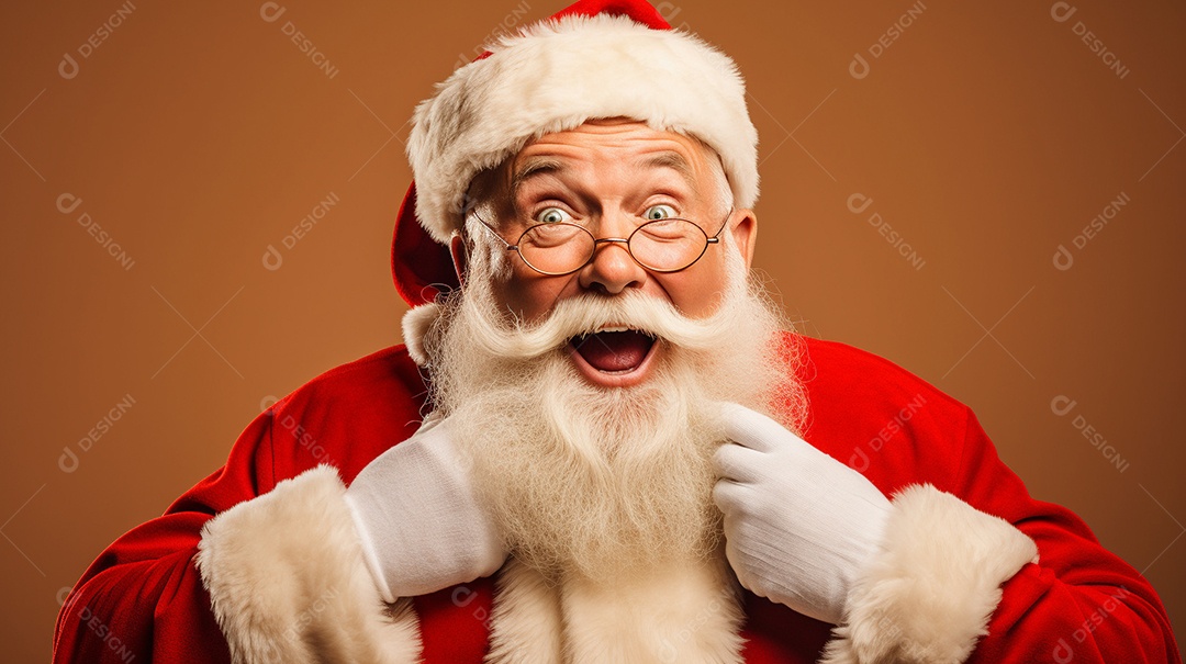 Foto editorial Papai Noel realmente sorridente, fazendo um olhar chocado sobre fundo bronzeado