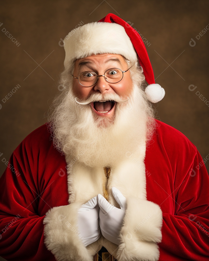 Foto editorial Papai Noel realmente sorridente, fazendo um olhar chocado sobre fundo bronzeado