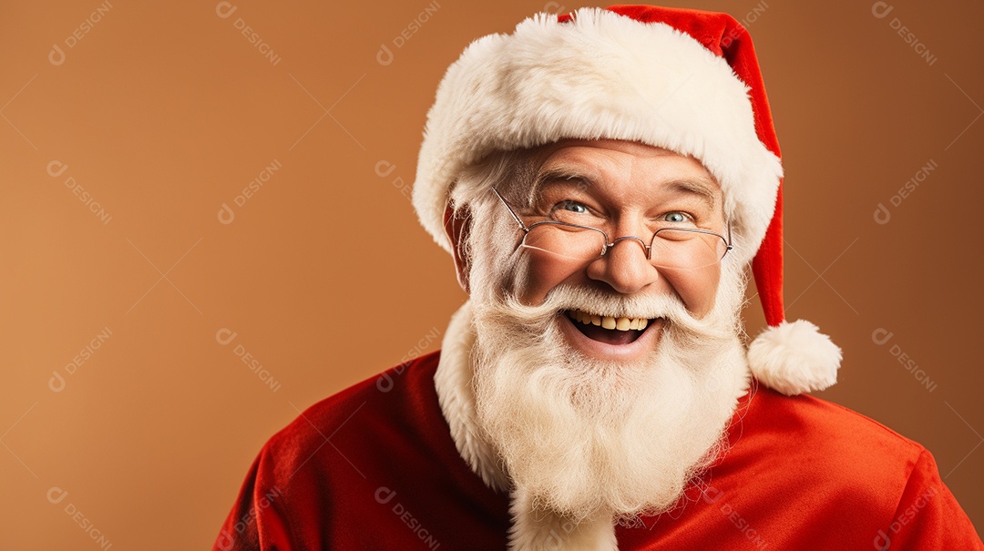 Foto editorial Papai Noel realmente sorridente, fazendo um olhar chocado sobre fundo bronzeado