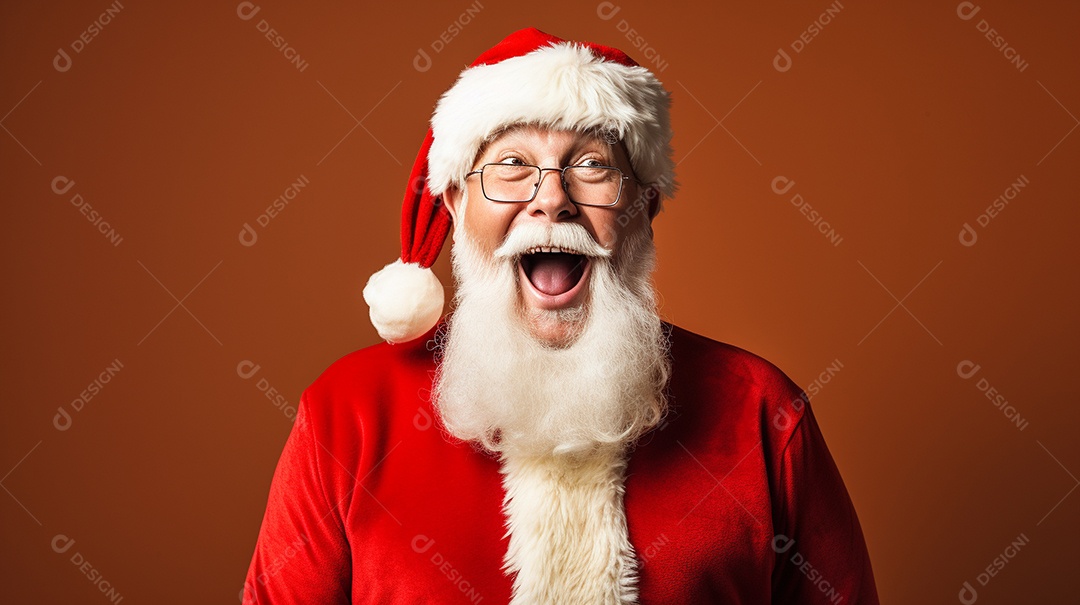 Foto editorial Papai Noel realmente sorridente, fazendo um olhar chocado sobre fundo bronzeado