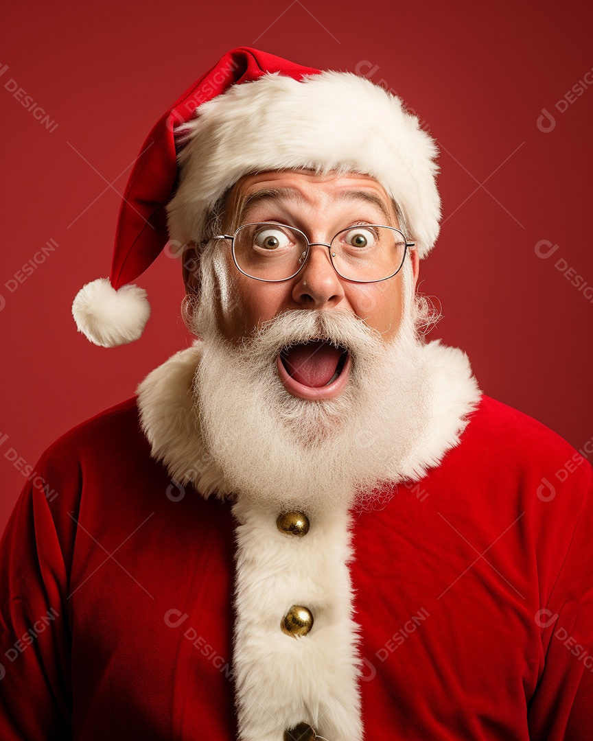 Foto editorial Papai Noel realmente sorridente, fazendo um olhar chocado sobre fundo bronzeado