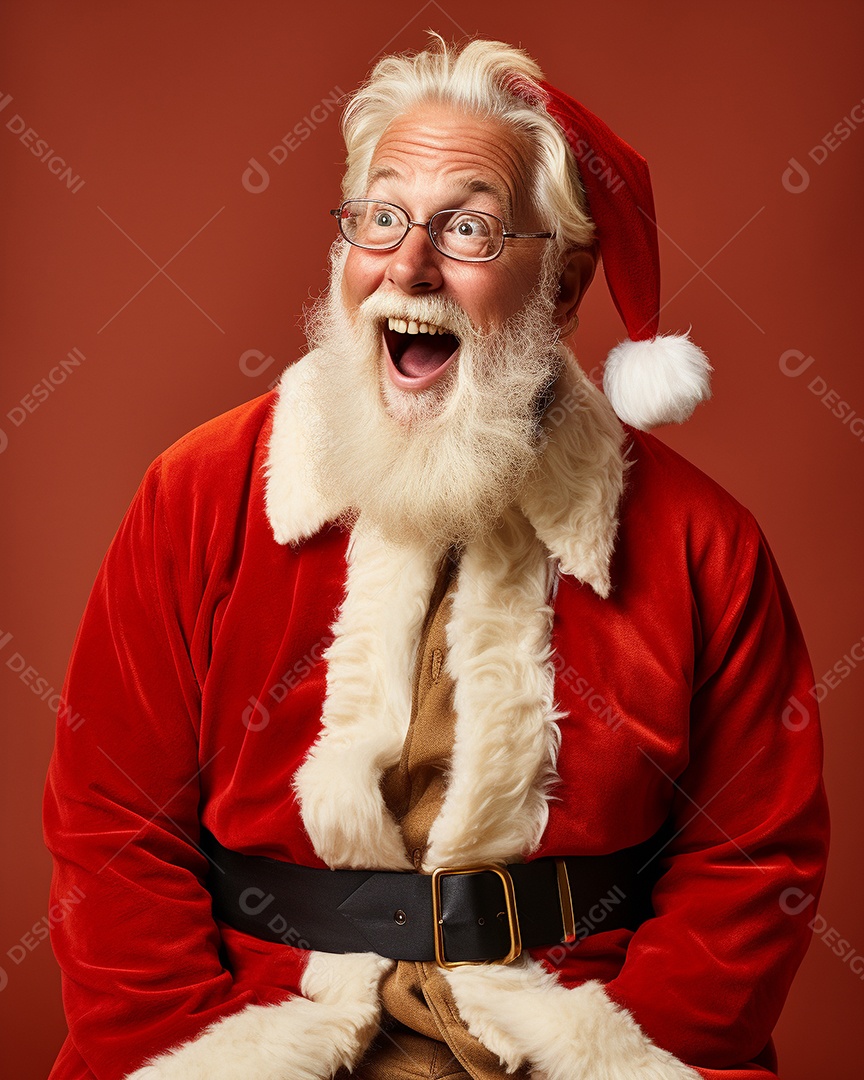 Foto editorial Papai Noel realmente sorridente, fazendo um olhar chocado sobre fundo bronzeado