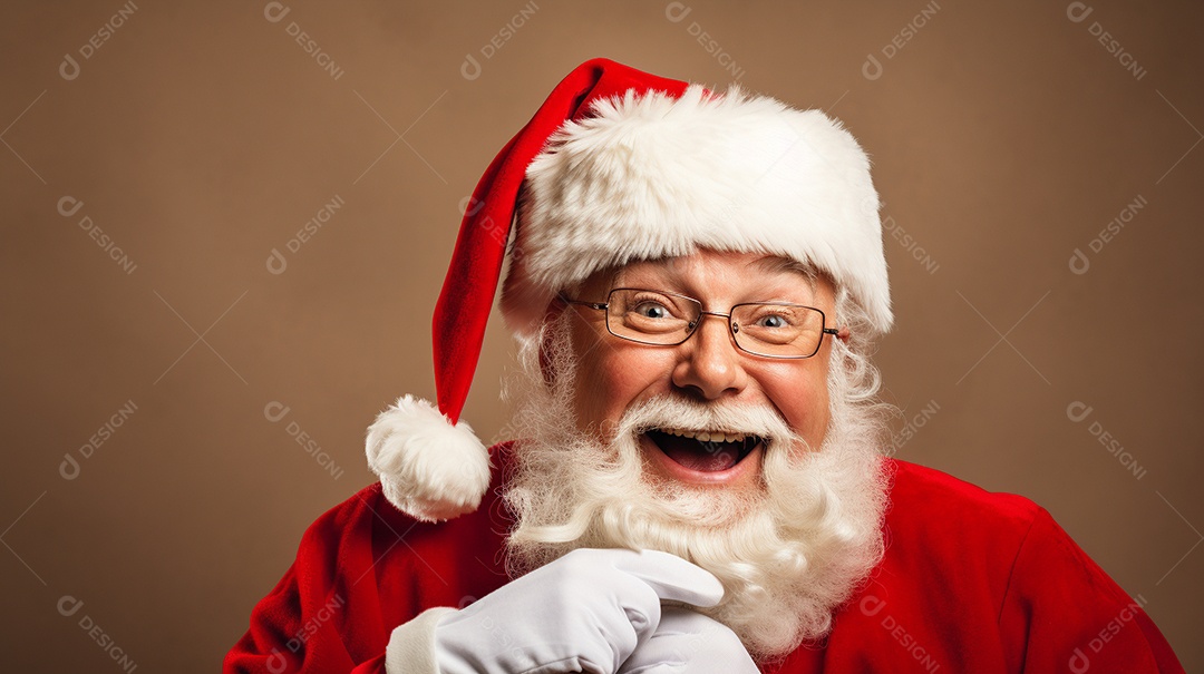 Foto editorial Papai Noel realmente sorridente, fazendo um olhar chocado sobre fundo bronzeado