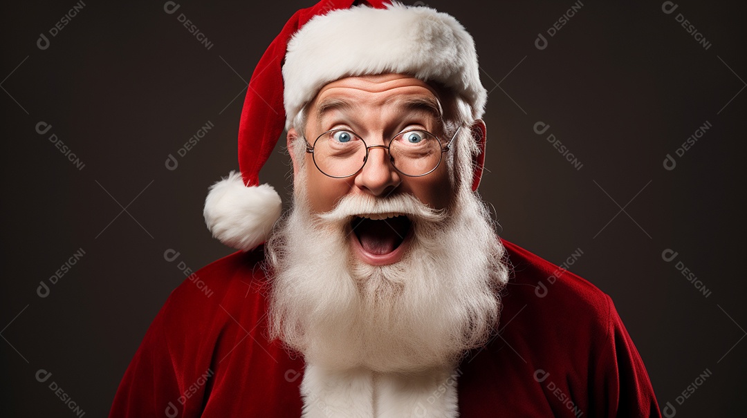 Foto editorial Papai Noel realmente sorridente, fazendo um olhar chocado sobre fundo bronzeado