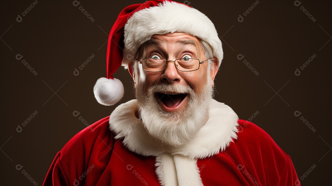 Foto editorial Papai Noel realmente sorridente, fazendo um olhar chocado sobre fundo bronzeado